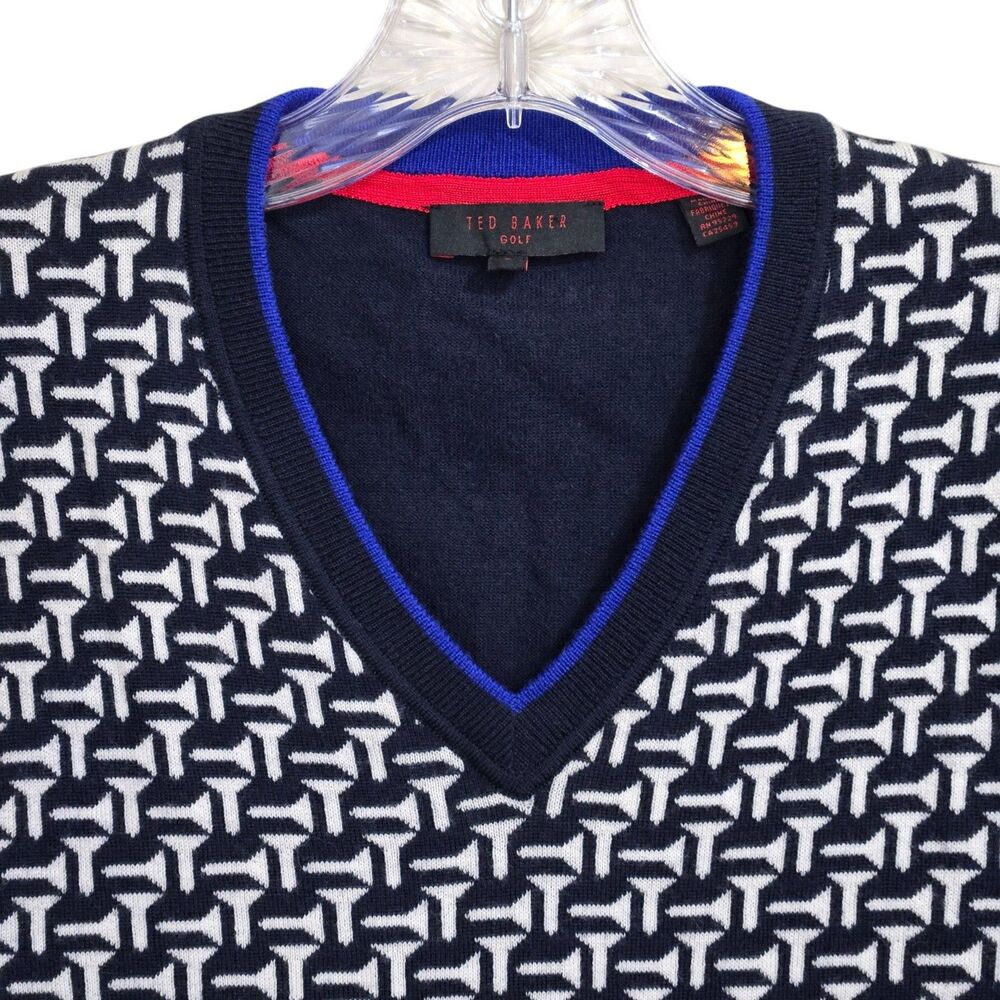 Ted Baker Golf Tee Sweater Vest 5/XL Mens Merino Wool V Neck‎ Graphic Thin Knit